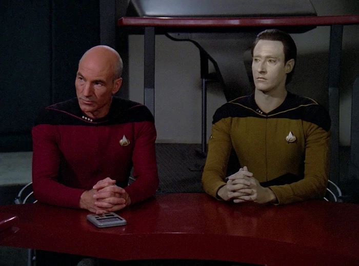 Picard passionately defending Data's rights at the JAG hearing