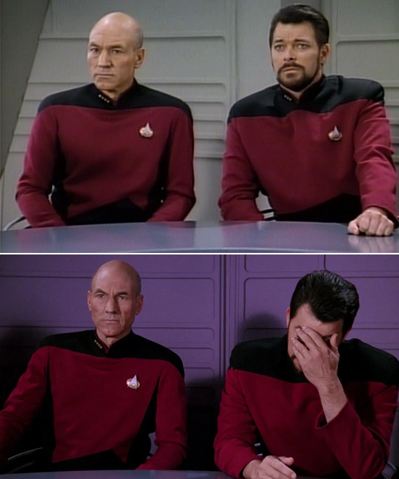 Picard and Riker sharing a knowing look